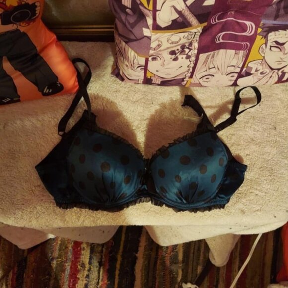 Teal & black polka dot 34c bra with ruffles - Picture 2 of 9